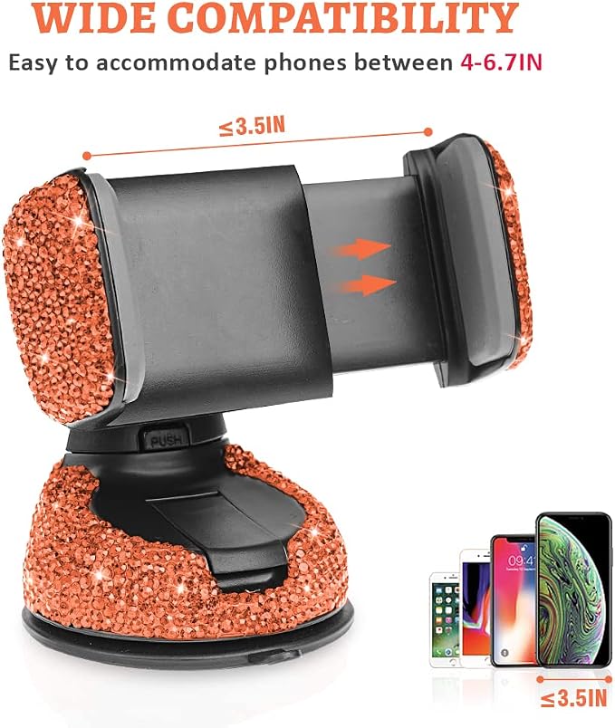 eing Car Phone Mount Cell Phone Holder with One More Air Vent Base,Bling Crystal Universal Phone Mount Holder Cradle for Dashboard,Windshield and Air Vent,Orange