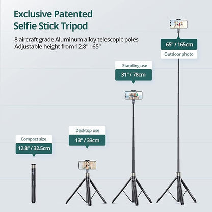 ATUMTEK 65" Selfie Stick Tripod, All in One Extendable Phone Tripod Stand with Bluetooth Remote 360° Rotation for iPhone and Android Phone Selfies, Video Recording, Vlogging, Live Streaming, Black