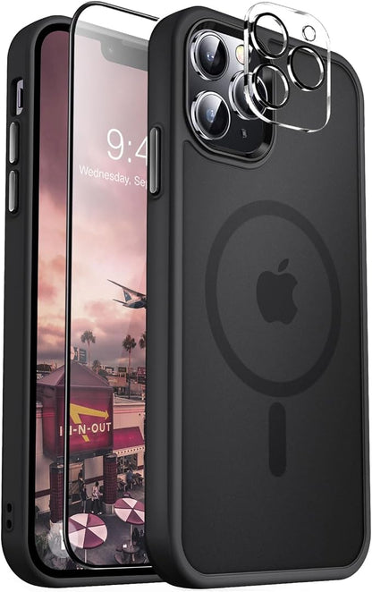 MOCCA Strong Magnetic for iPhone 12 Pro Max Case,[Compatible with Magsafe][Glass Screen Protector+Camera Lens Protector] Slim Thin Shockproof Cover Phone Case for iPhone 12 Pro Max 6.7",Titanium Black