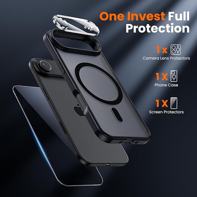 3 in 1 for iPhone Air Case Matte Black,Fits MagSafe, Screen Protector*1 Camera Lens Protector*1,Matte Skin Feeling Back, Cover Military-Grade Protection