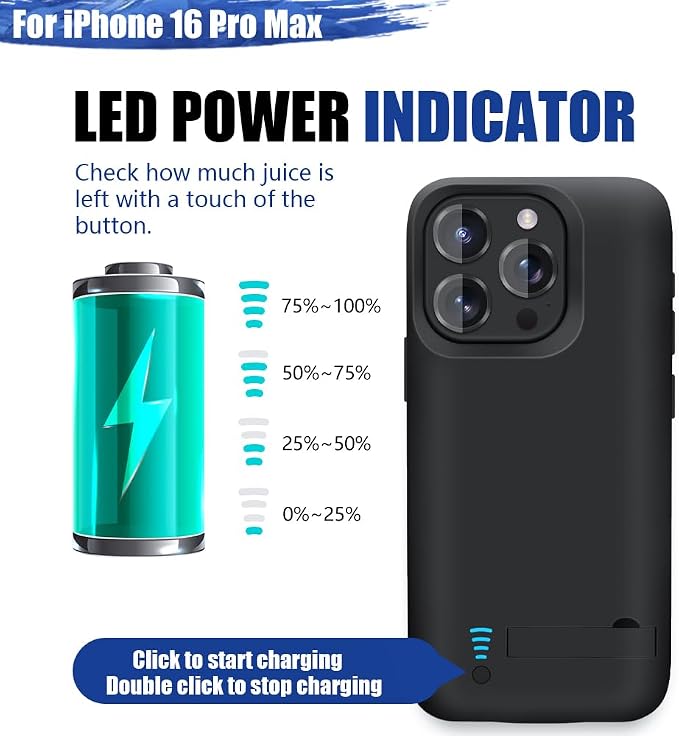 Battery Case for iPhone 16 Pro Max, 6000mAh Rechargeable Extended Battery Charging/Charger Case, Add 100% Extra Juice (6.9 Inches) Black