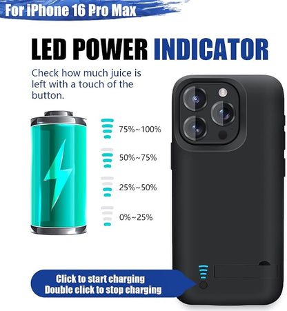 Battery Case for iPhone 16 Pro Max, 6000mAh Rechargeable Extended Battery Charging/Charger Case, Add 100% Extra Juice (6.9 Inches) Black