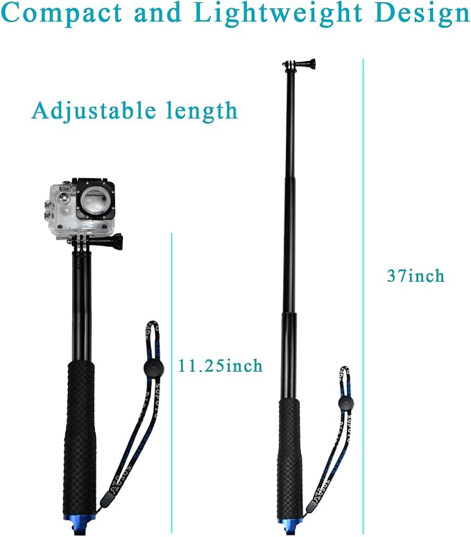 11.25-37 inch Selfie Stick Extendable Monopod Pole Waterproof Aluminum Telescopic Handle Grip Compatible with AKASO EK7000,Brave 4,V50,Gopro Hero 13 12 11 10 9 8,DJI Osmo,ODDV Action Camera