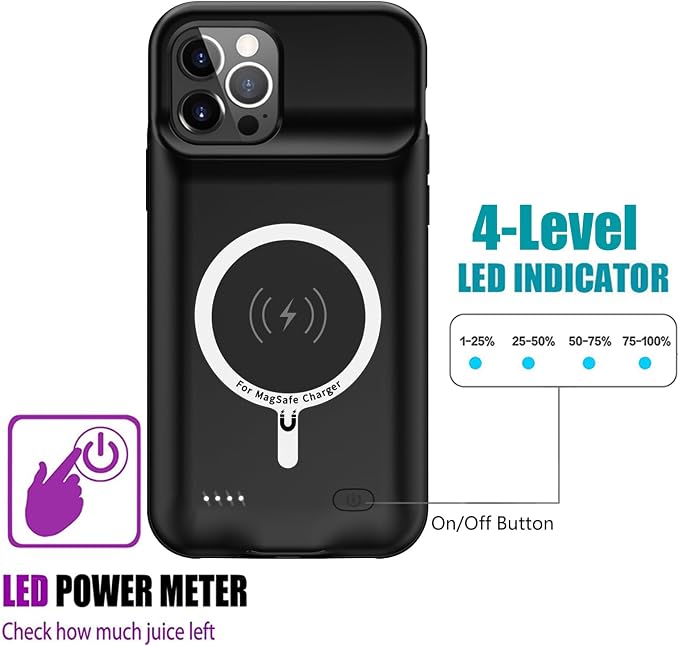 Battery Case for iPhone 12 Pro Max,12000mAh Rechargeable Portable Charging Case with Wireless Charging Compatible for iPhone 12 Pro Max (6.7 inch) with Carplay Extend Battery Charger Pack Case (Black)