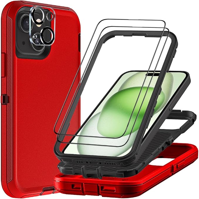 for iPhone 15 Plus Case with 2Pcs Tempered Glass Screen Protector and 1Pcs Camera Lens Protector, Military Grade 3 in 1 Heavy Duty Shockproof/Drop Proof/Dust Proof Case (Red/Black)