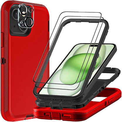 for iPhone 15 Plus Case with 2Pcs Tempered Glass Screen Protector and 1Pcs Camera Lens Protector, Military Grade 3 in 1 Heavy Duty Shockproof/Drop Proof/Dust Proof Case (Red/Black)