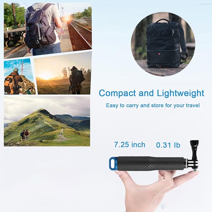 Selfie Stick + Camera Float Accessories Kit for GoPro,19” Waterproof Hand Grip Extension Portable Adjustable Monopod Pole for GoPro Hero 13 12 11 10 9 8 MAX 7 Black Silver White/6/5 Black/5S