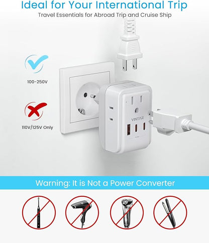 2 Pack European Travel Plug Adapter, VINTAR PD 35W Foldable Europe Power Adapter with 4 AC Outlets 3 USB Ports(2 USB C), Type C Adaptor for US to Most of Europe EU Italy Spain France Germany