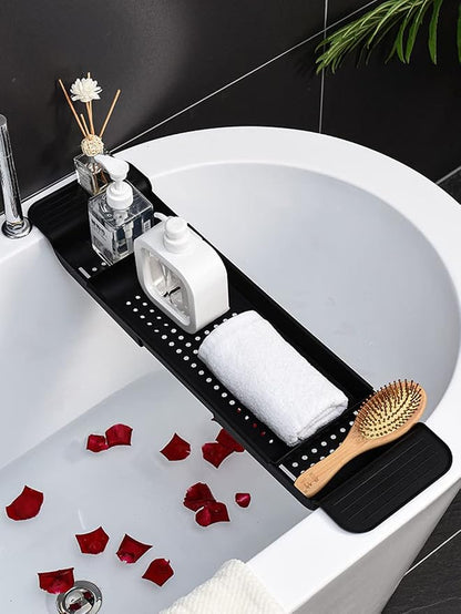 Bathtub Caddy Tray, Expandable Bath Shelf, Adjustable Size from 21.9 to 31 inches Plastic Bathtub Storage Rack, Bathtub Accessories & Bathroom Gadgets, Bath Tub Tray for Kitchen Bathroom (Black)