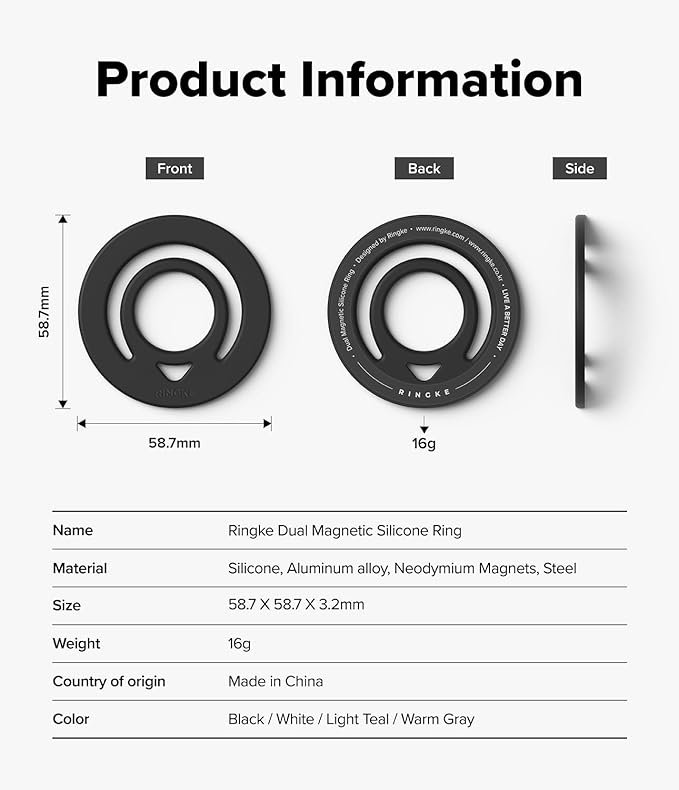 Ringke Dual Magnetic Silicone Ring [Compatible with MagSafe] Phone Grip, Dual-Sided Powerful Magnet, Lightweight (0.04 lb) & Super Slim (0.13 in) Soft Holder for iPhone, Galaxy, Pixel - Black