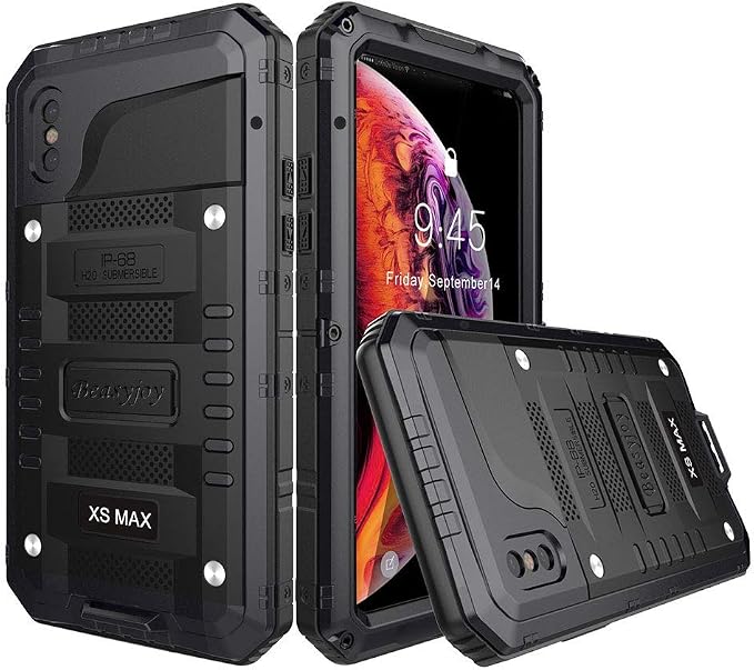 Beasyjoy for iPhone Xs Max Case Waterproof Metal Heavy Duty Strong Durable Cover Built-in Screen Full Body Protective Shockproof Tough Rugged Hybrid Military Grade Defender for Outdoor-Black