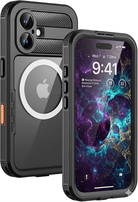 Quovellion Phone Case for iPhone 17 (6.3"), IP68 Waterproof & Dustproof Cover, Full-Body Heavy Duty Rugged Protection with Built-in Screen Protector, Black/Clear
