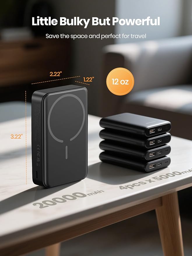 20000mAh Magnetic Power Bank for MagSafe, Wireless Portable Charger | 3 In 1丨22.5W USB C Fast Charging丨15W Magnetic Wireless Charging丨Compact Travel Battery Pack丨 for iPhone 12-17 Series