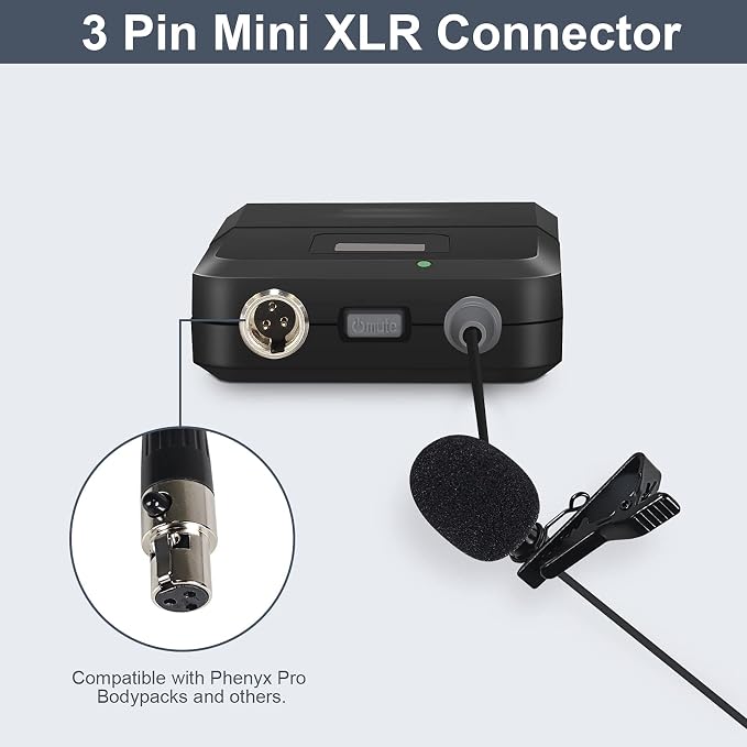 Phenyx Pro PTU-5000 Wireless Lapel Microphone with Mini XLR Jack, Unidirectional Condenser Cartridge, Ideal for Stage, Church, Conference, Interviews, Video Recording
