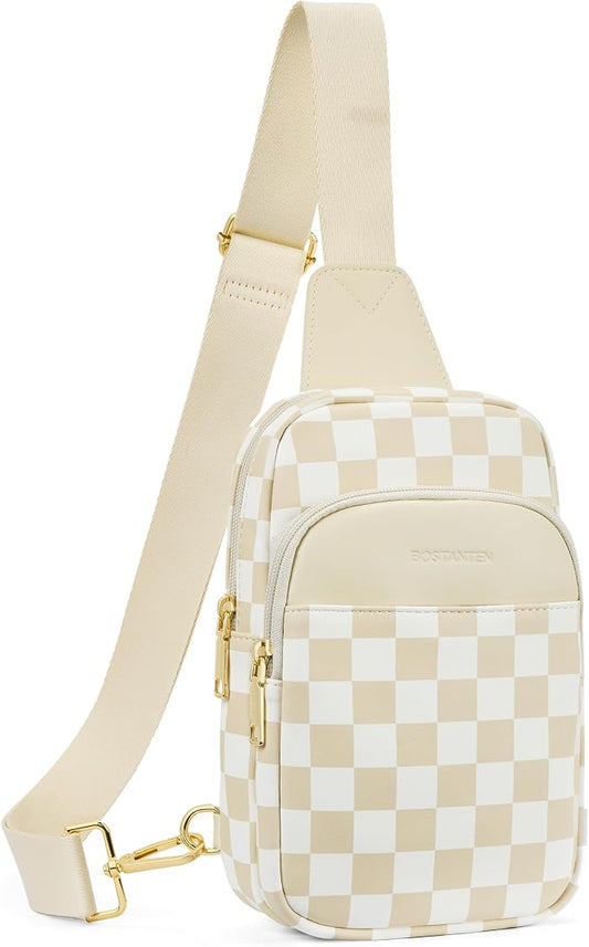 BOSTANTEN Sling Bag Quilted Crossbody Bags for Women Cross Body Purse Leather Fanny Pack with Adjustable Guitar Strap