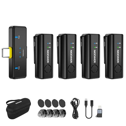 NEEWER KM23C Wireless Lavalier Microphone Compatible with iPhone Android Tablet PC Laptop, Omnidirectional 48K/24Bit 20-20KHZ AI Noise Cancellation Mute 70m Range 32h Total Battery (1x RX + 4X TX)