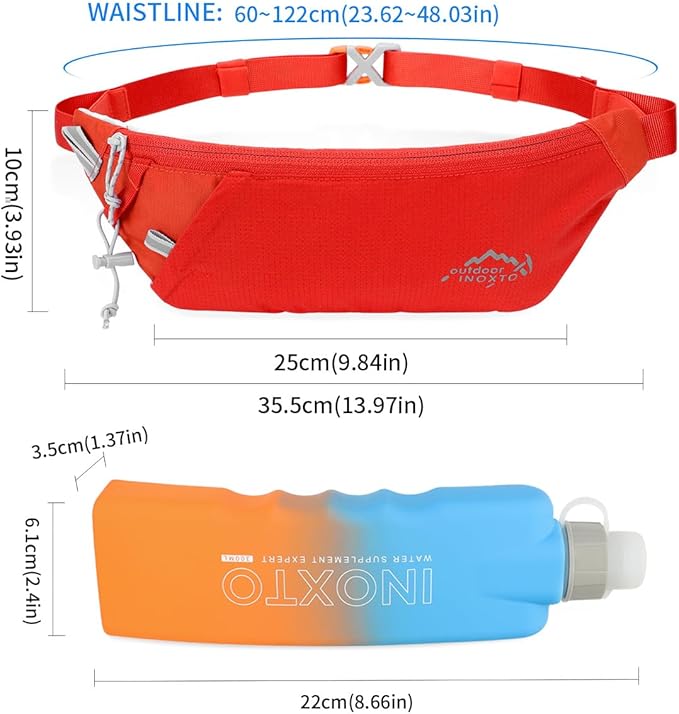 INOXTO Slim Running Belt Fanny Pack for Women and Men Sports Waist Bag Pack with 300ml Water Bottle for Running Walking Cycling Hiking Reflective Running Pouch Belt for All Phones (Black) (Orange)