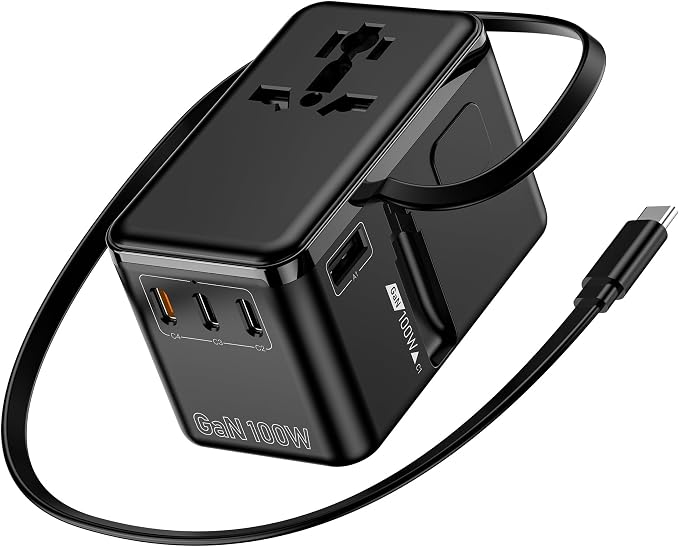 70W GaN Universal Travel Adapter - 6-in-1 International Plug Adapter Wall Charger for 200+ Countries, Built-in USB-C Cable Multi Port Fast Charging Worldwide - US/EU/UK/AUS
