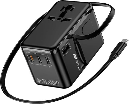 70W GaN Universal Travel Adapter - 6-in-1 International Plug Adapter Wall Charger for 200+ Countries, Built-in USB-C Cable Multi Port Fast Charging Worldwide - US/EU/UK/AUS