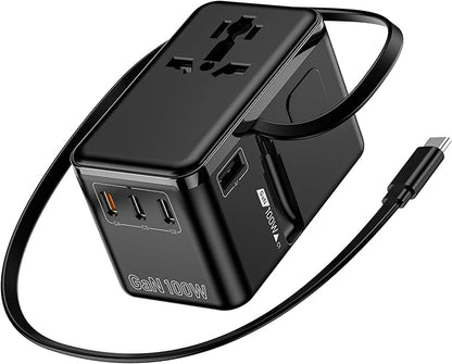 100W GaN Universal Travel Adapter - 6-in-1 International Plug Adapter Wall Charger for 200+ Countries, Built-in USB-C Cable Multi Port Fast Charging Worldwide - US/EU/UK/AUS