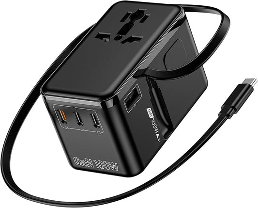 100W GaN Universal Travel Adapter - 6-in-1 International Plug Adapter Wall Charger for 200+ Countries, Built-in USB-C Cable Multi Port Fast Charging Worldwide - US/EU/UK/AUS