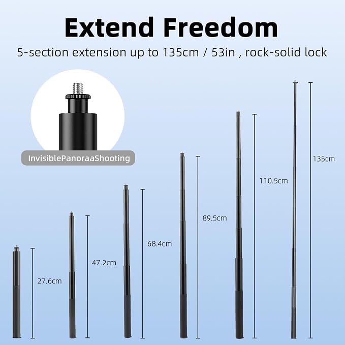 BRDRC 53" Invisible Selfie Stick for Insta360 X5 X4, Extended Monopod Pole Heavy Duty Solid Compact for DJI OSMO 360, for Insta 360 X5 X4 X3 X2 X Accessories (with Go Pro Adapter and Wrist Strap)