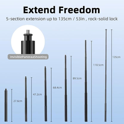 BRDRC 53" Invisible Selfie Stick for Insta360 X5 X4, Extended Monopod Pole Heavy Duty Solid Compact for DJI OSMO 360, for Insta 360 X5 X4 X3 X2 X Accessories (with Go Pro Adapter and Wrist Strap)