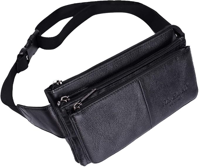 Hebetag Leather Fanny Pack Waist Pouch for Men Women Outdoor Travel Sports Hunting Hiking Camping Casual Hip Bum Belt Cell Phone Purse Wallet Pouch, Black