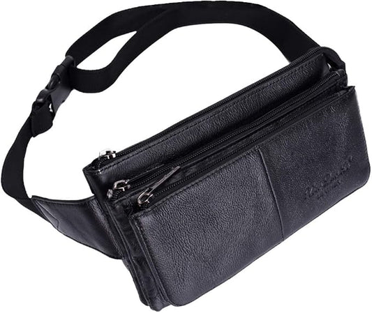 Hebetag Leather Fanny Pack Waist Pouch for Men Women Outdoor Travel Sports Hunting Hiking Camping Casual Hip Bum Belt Cell Phone Purse Wallet Pouch, Black