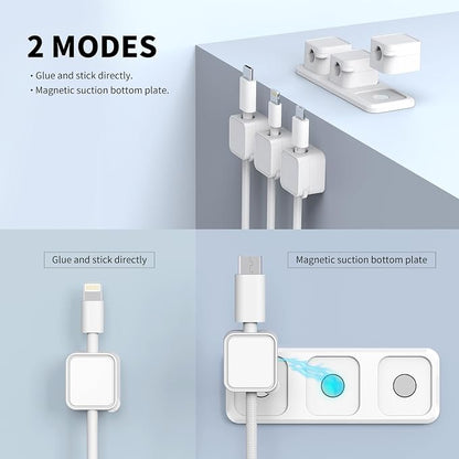 Magnetic Cable Organizer for Desk – Upgraded Wire Clips with Adhesive Base – Desktop Cord Holder for USB, Charging Cables – 6 Clips + 1 Magnetic Base (White)