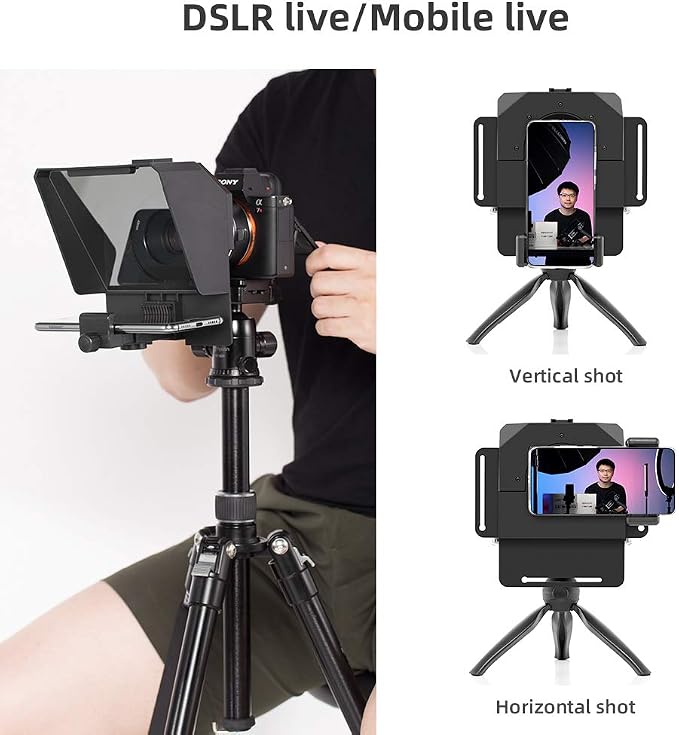 AMBITFUL Teleprompter 7.5'' with Tabletop Tripod for Smartphone and DSLR Camera, Adjustable Phone Clip & Camera Adapting Ring, for Live Streaming, Interviews(Mini Teleprompter Only)