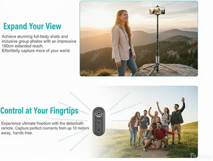 Selfie Stick Tripod for iPhone & Android, Portable Phone Tripod Stand with Bluetooth Remote, One-Click Open, Compact & Lightweight, All-in-1 for Vlog/Travel/Photography (Black)