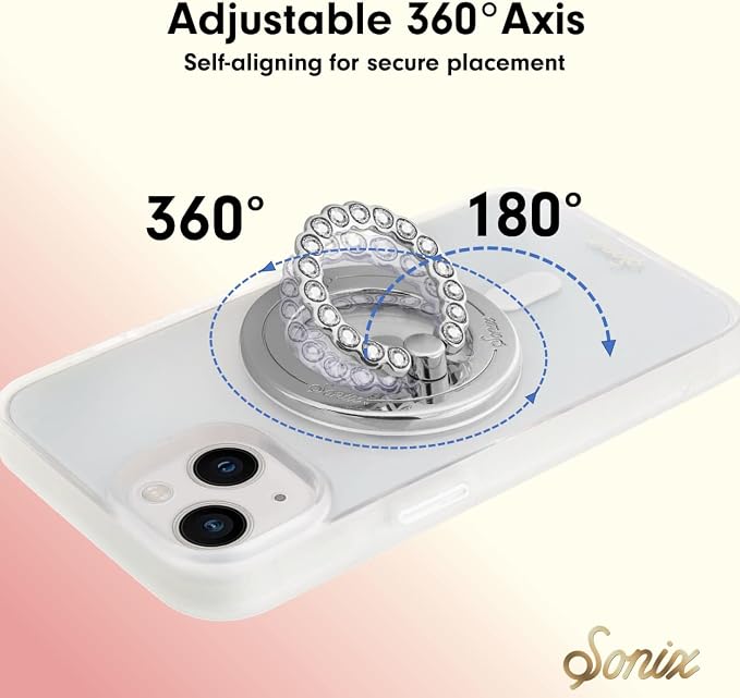 Sonix Magnetic Phone Grip and Phone Ring Holder - Compatible with MagSafe - Rotatable Kickstand and Phone Holder for iPhone 16, 15, 14, 13, 12 Series - Silver/Clear Rhinestone