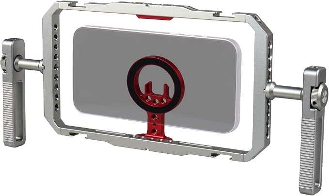 Magnetic Phone Cage with Handle,Smartphone Cage Kit with 360° Rotation Handgrip and Magnetic Sticker for Photography,Compatible with iPhone 17/16/15/14/13 Series and Andriod Phones (Silver+Red)