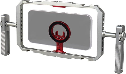 Magnetic Phone Cage with Handle,Smartphone Cage Kit with 360° Rotation Handgrip and Magnetic Sticker for Photography,Compatible with iPhone 17/16/15/14/13 Series and Andriod Phones (Silver+Red)