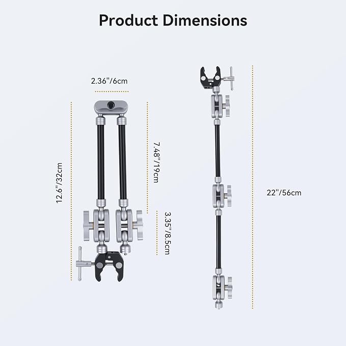UTEBIT 22" Magic Arm w Clamp Mount, Desk Camera Mount Articulating Friction Boom w Arm 1/4" Thread Adapter, Overhead Desk Phone Mount for Video Light Webcam Microphone Action Camera Content Creators