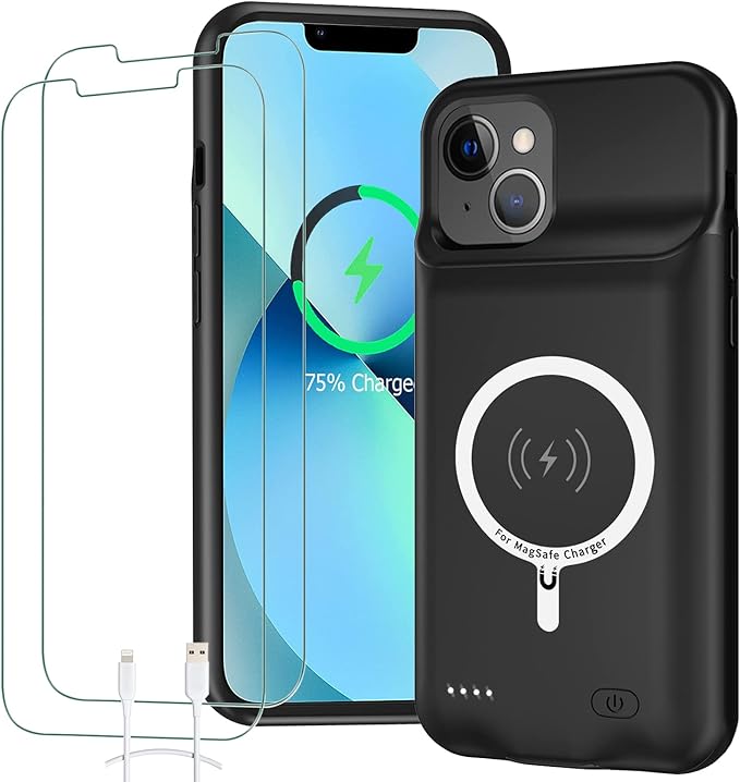 Battery Case for iPhone 13, Full Encircle 10000mAh High Capacity Rechargeable Portable Charger Case Extended Battery Pack Compatible with iPhone 13 (6.1 inch) Wireless Charging Case with Carplay-Black