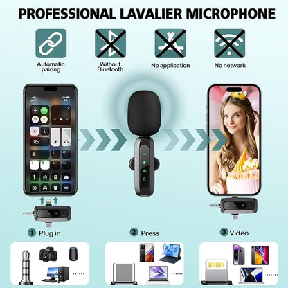Mini Microphone,3 in 1 Wireless Lavalier Microphones for iPhone/iPad/Android/Camera(Lightning/USB/3.5 mm Jack),2 LED Display Bluetooth Microphone Mute/Noise for Video Recording Vlog,Youtube, Tiktok