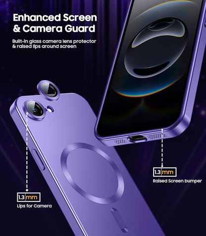 Magnetic for iPhone 16e / 17e Case [Compatible with MagSafe][Built-in Camera Lens Protector] Slim Soft Silicone Bumper Shockproof Metallic Luster 17e Phone Case (Purple)