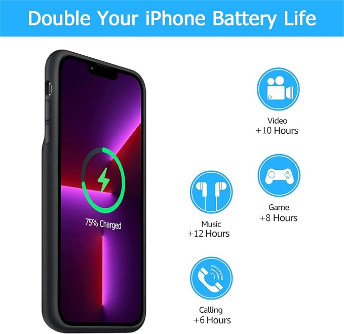 Battery Case for iPhone 13 Pro, 10000mAh Enhanced Portable Protective Smart Qi Wireless Charger Case Battery Pack with CarPlay Wireless Charging Compatible for iPhone 13 Pro (6.1 inch) - Black