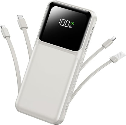 RONEGN Portable Charger with Built in Cable -20000mAh Fast Charging Power Bank USB C Slim 22.5W LED Display Battery Pack 5 Outputs & 3 Inputs for Travel Essentials iPhone Samsung Phones Grey