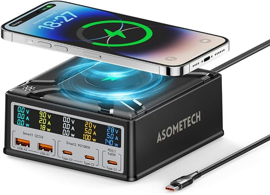 USB Charging Station,ASOMETECH 260W 5Ports Fast Charging Hub,140W PD3.1 USB C GaN Charger with LCD Display,Wireless Charger,Desktop Laptop Adapter for MacBook Pro/Air,iPad,iPhone,Samsung