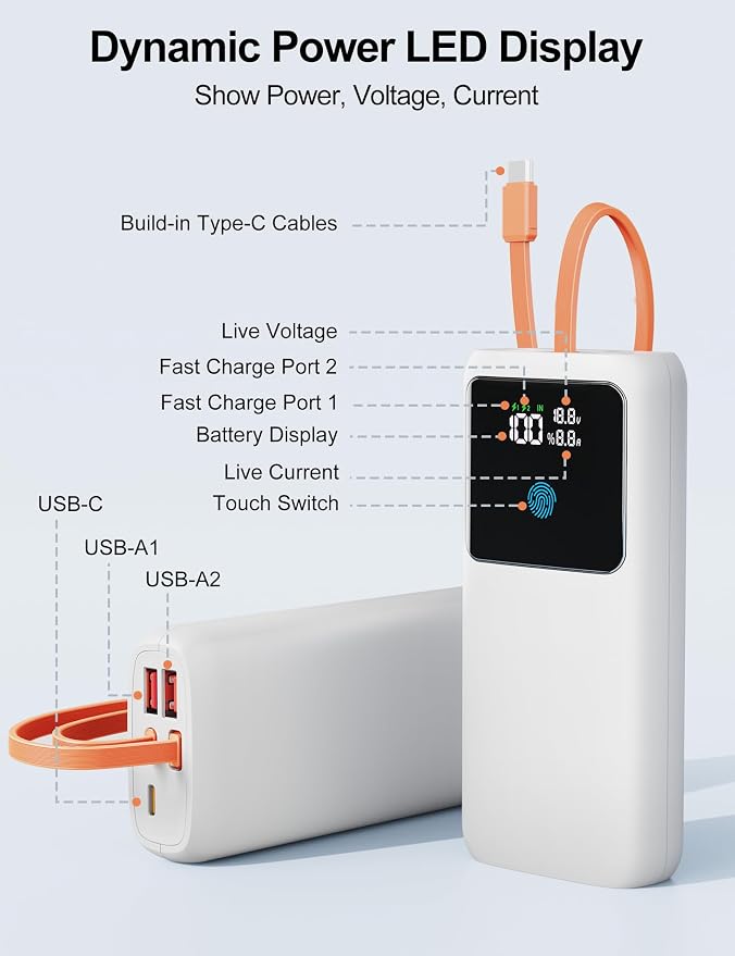 Laptop Power Bank, 24000mAh 65W Fast Charging Portable Charger with Built-in Cable, USB C Battery Pack with LED Display, Travel Essential External Battery Bank for Macbook/Notebook/Tablet/Phone White