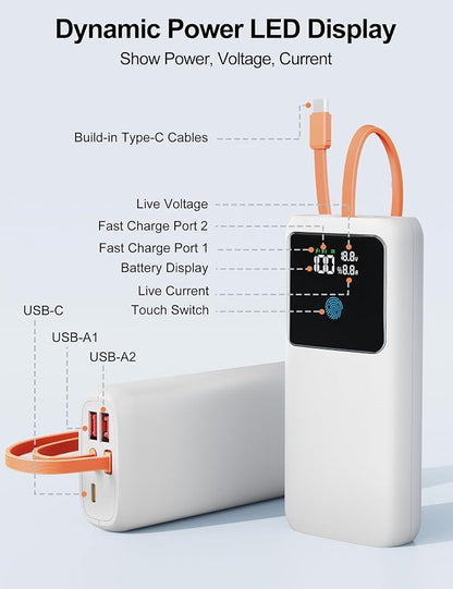 Laptop Power Bank, 24000mAh 65W Fast Charging Portable Charger with Built-in Cable, USB C Battery Pack with LED Display, Travel Essential External Battery Bank for Macbook/Notebook/Tablet/Phone White