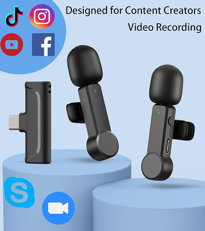 Wireless Microphone for iPhone and Android Phones - 2 Pack Cordless Lavalier Lapel Microphone Noise Canceling Lav Mic for Video Recording Vlog TikTok Instagram