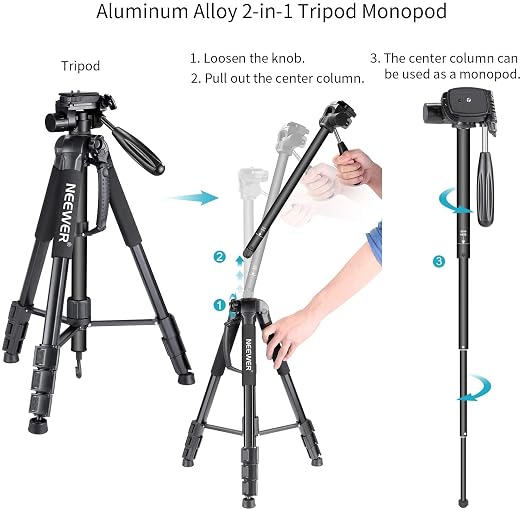 NEEWER Portable Aluminum Alloy Camera 2 in 1 Tripod Monopod Max. 70"/177cm with 3 Way Swivel Pan Head and Carrying Bag for DSLR, DV Video Camcorder (SAB264, Black)