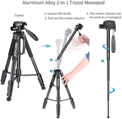 NEEWER Portable Aluminum Alloy Camera 2 in 1 Tripod Monopod Max. 70"/177cm with 3 Way Swivel Pan Head and Carrying Bag for DSLR, DV Video Camcorder (SAB264, Black)