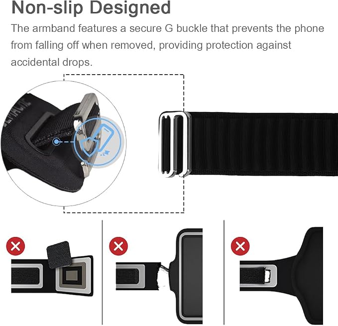 JEMACHE Running Armband for iPhone 17 16 15 14 13 Pro Max/Plus, Samsung Galaxy S26 S25 S24 Ultra/Plus, G Buckle Workouts Phone Arm Band Bag (Black, S)