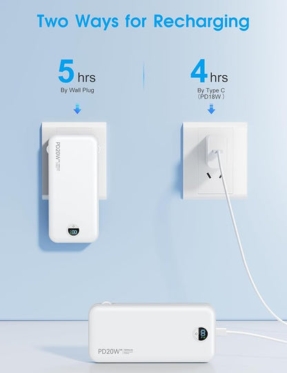 Portable Phone Charger, 10000mAh PD20W Fast Charging Power Bank with Built-in Cables & Wall Plug, External Battery Bank with LED Display, Travel Essential Battery Pack for iPhone, iPad, Samsung White