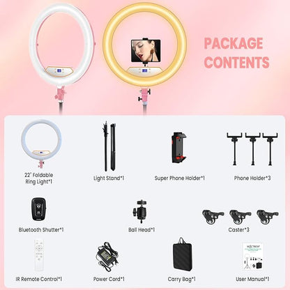 22" Foldable Ring Light with Stand for iPhone ipad, 75" Tripod with Wheels 50W 6500K LED Display/2 USB Ports Large Ringlight Rolling, Tattoo Barber Makeup Studio Video Photography Lighting(Pink)